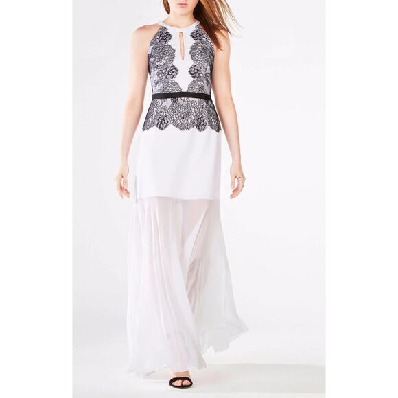 NWT BCBGMAXAZRIA Gerogianna Lace Maxi Halter Trim Gown Dress Black & White Siz 0 - Picture 1 of 6